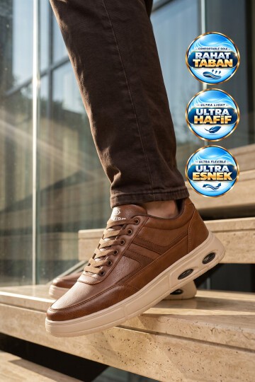 Erkek Taba Casual Ayakkabı Bağcıklı Cilt Hafif Esnek Yürüyüş Ayakkabı Sneaker 128 Cilt