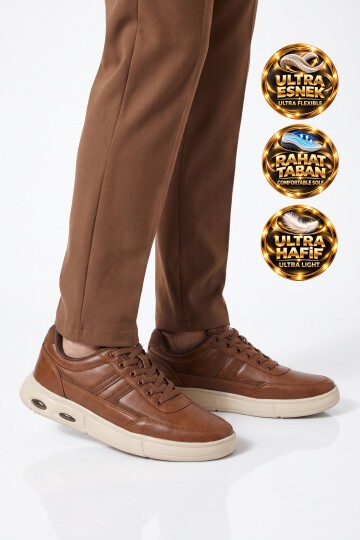 Erkek Taba Casual Ayakkabı Bağcıklı Cilt Hafif Esnek Yürüyüş Ayakkabı Sneaker 128 Cilt