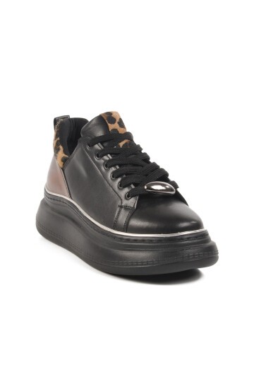 Siyah Leopar Yüksek Tabanlı Kadın Sneaker T-300 Z