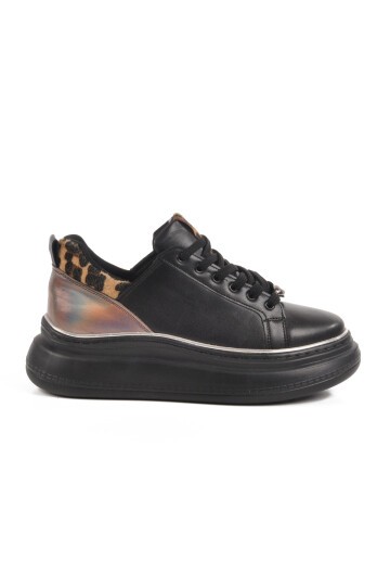 Siyah Leopar Yüksek Tabanlı Kadın Sneaker T-300 Z